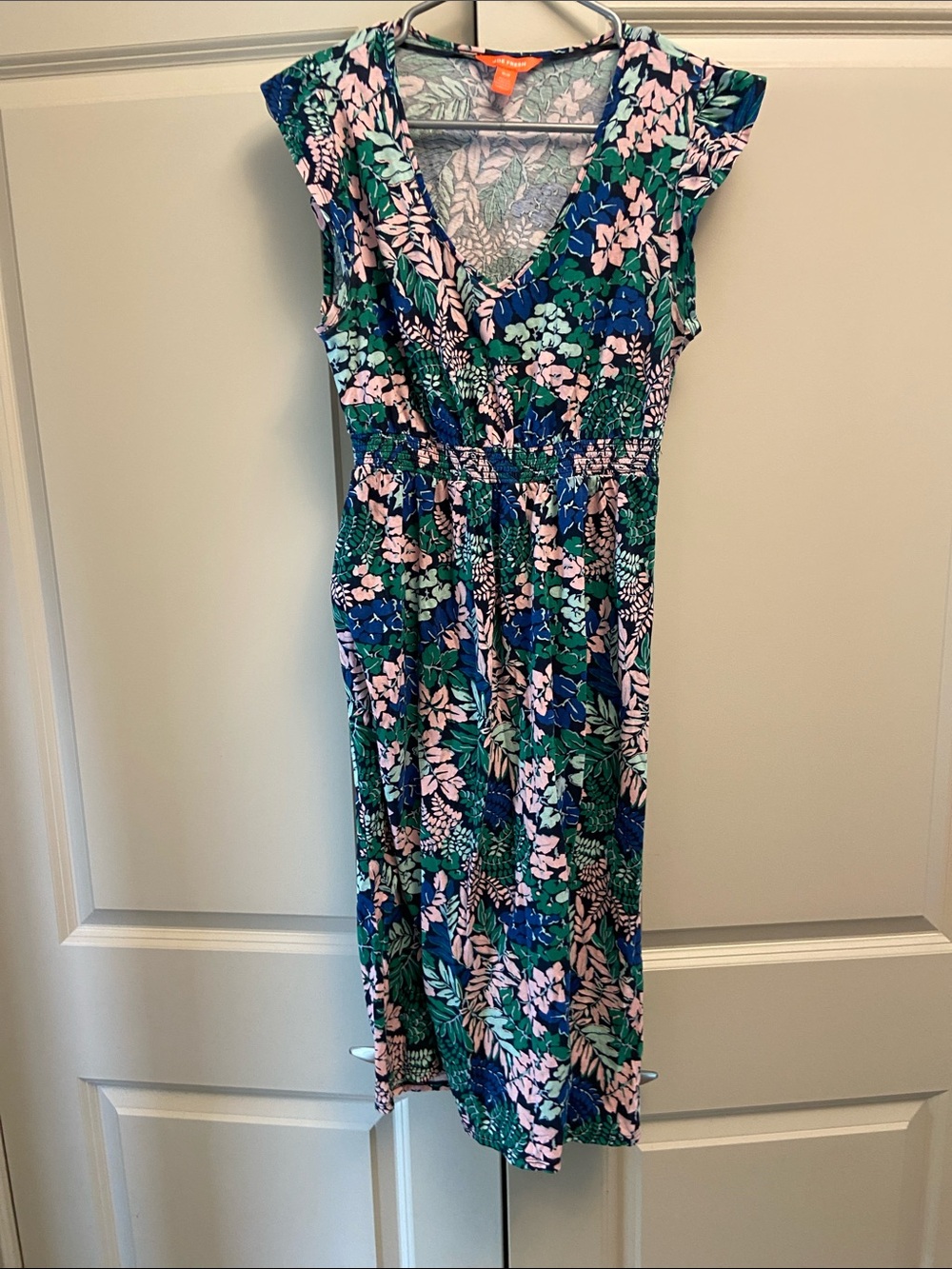 Joe Fresh Green, Blue & Pink Floral V-Neck Midi Dress